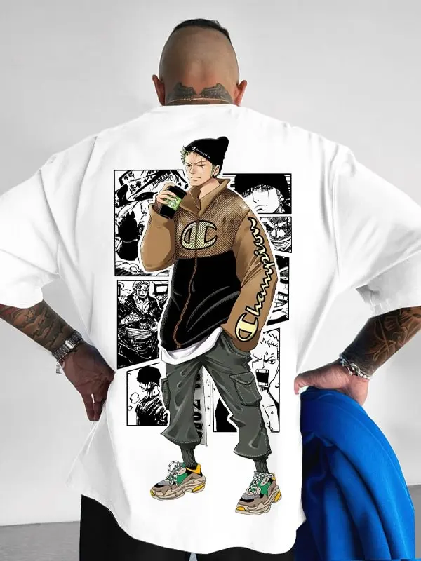 One Piece Roronoa Zoro Grafik Weißes T-Shirt Schwarze Mütze Braune Jacke Trinkhose Manga Panels Hintergrund Anime Baumwoll-T-Shirt