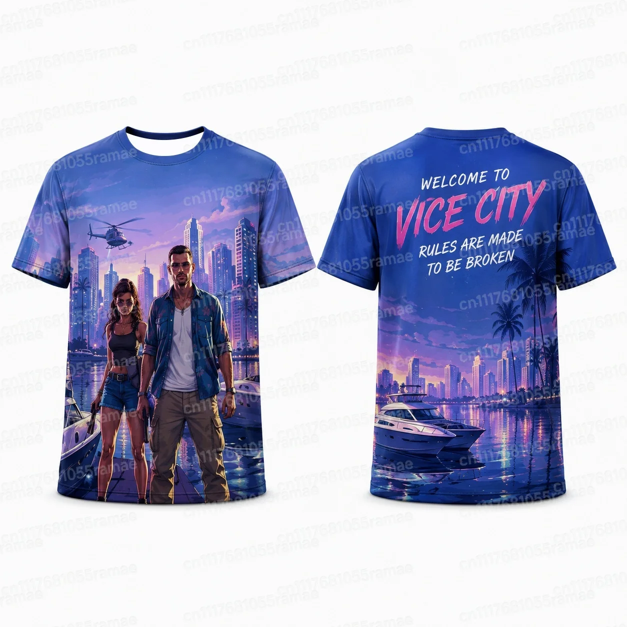 Vice City Retro Synthwave T-Shirt mit beidseitigem Aufdruck, Unisex, Miami-Palmenmuster, Sport-T-Shirt, atmungsaktives Mesh-Material, schnelltrocknend, Streetwear-Oberteil. – Detail 8