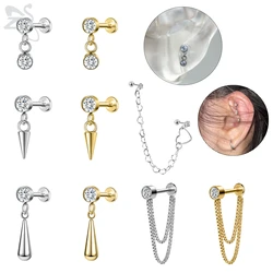 ZS 1 Piece 16G Stainless Steel Stud Earring Zircon Drop Earrings Tassel Pendant Ear Helix Conch Cartilage Piercing Jewelry 6/8MM