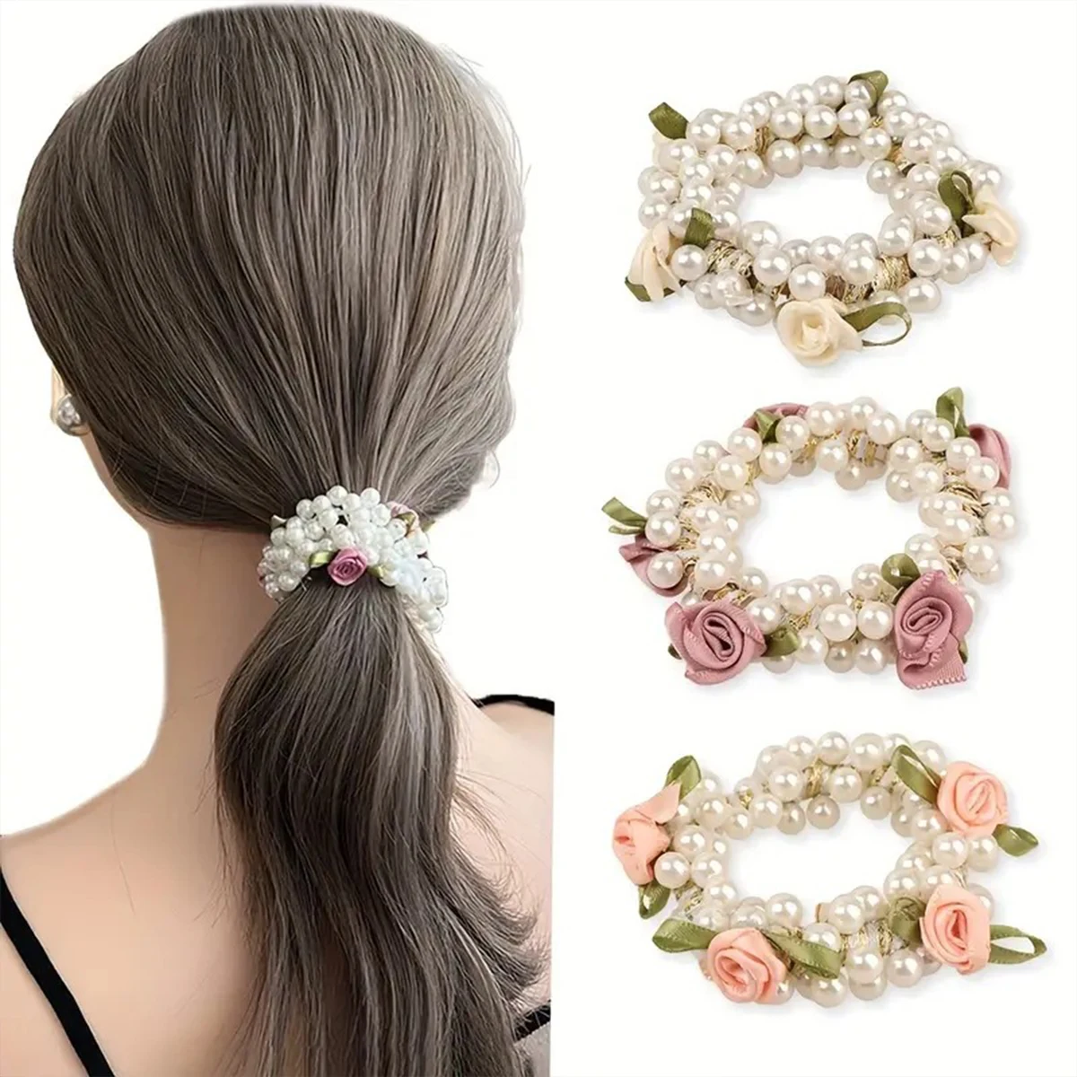 1/3pcsRose pearl hair tie high elastic hair rope horsetail headband fashion sweet headpiece