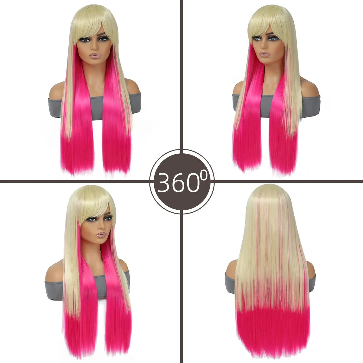 Cross Border Long Straight Hair with Slanted Bangs and Gradient Full Head Cover from Europe and America - Synthetic Fiber Wig