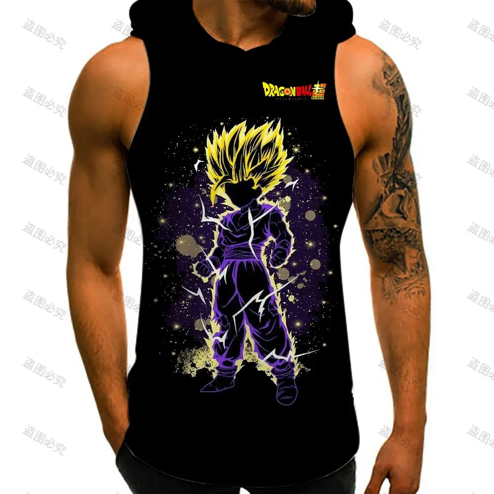 Hooded T-shirt Bodybuilding Dragon Ball Z Men's T-shirts Trend Mens Muscle Vest With Hood Anime Sleeveless Shirt Man Gym Vegeta