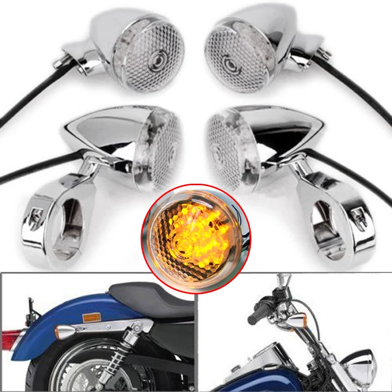 

41 мм хромированный передний и задний мотоциклетный светодиодный указатель поворота янтарный свет мигалка прозрачные линзы вилочный зажим универсальный подходит для Harley 4 шт.