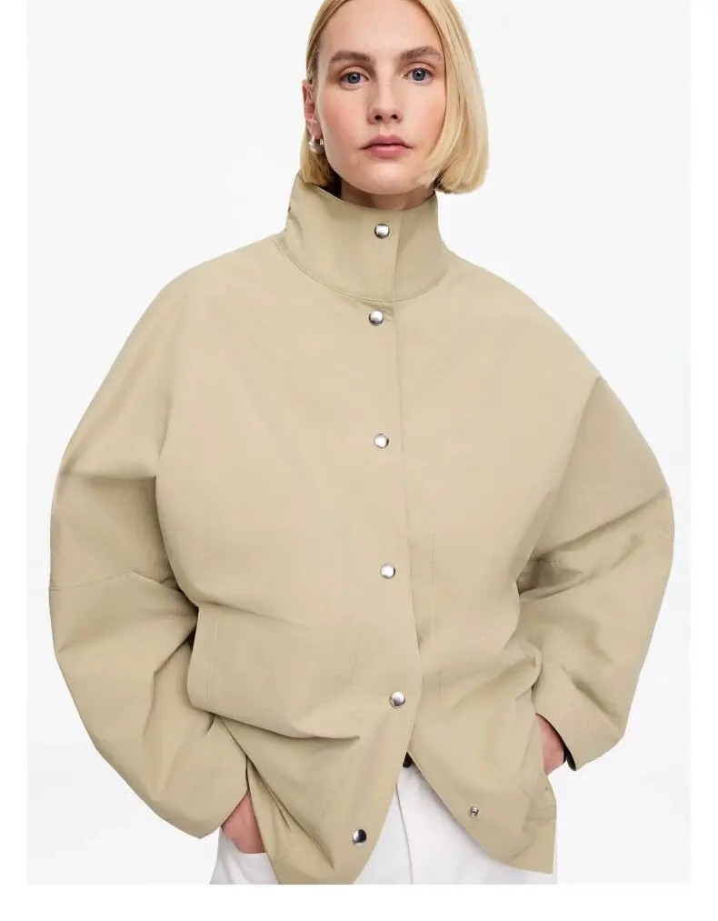 Khaki Stand Collar Loose Jacket Silver Snap Button Front Long Wide Sleeve Side Pockets Mid Length Women Casual Outerwear 260701