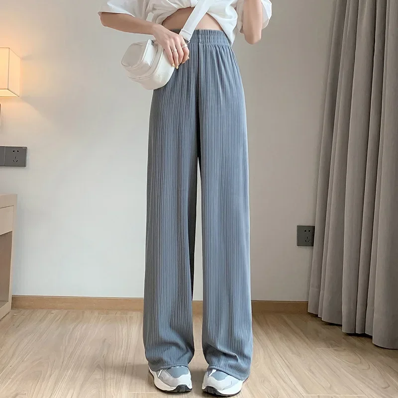 Summer Wide-leg Pants Ice Filament Permeability Women Spring  Women Elastic Waist Stright Long Wide Leg Pants Casual Female