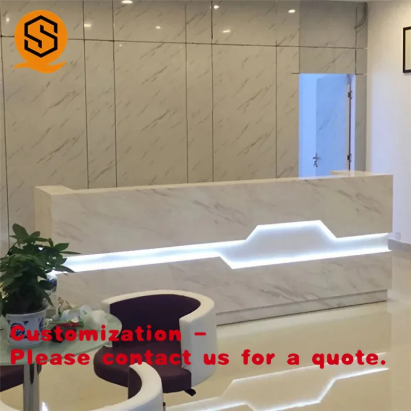 

Customize.Hot Sell White Wooden Marble Pattern Shop Front Counter Modern Design Office Building Reception Counter Desk