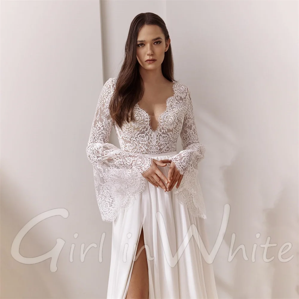 Una linea di pizzo Boho abiti da sposa personalizzati manica lunga svasata sexy scollo a V profondo abiti da sposa abiti da sposa abiti da sposa