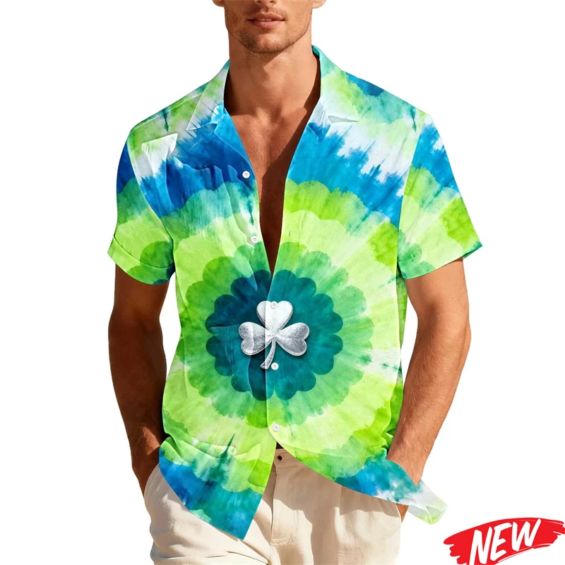 

St. Patrick's Day Hawaiian Shirt Men Holiday Short Sleeve Button Down Shirt Green Shamrock Lucky Graphic Tees Loose Lapel Shirts
