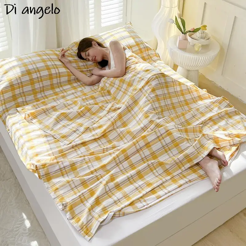 Cotton Checker Stripe Lightweight Portable Envelope Sleeping Bag Travel Hotel Anti-dirty Quilt Cover Sheet Single Double Queen#/