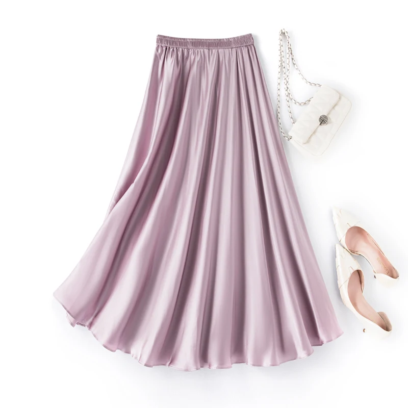 New Satin Silk Halfskirt Women\'s Loose Style Mid Length Umbrella Skirt Mulberry Silk Slim Large Swing Skirt Summer