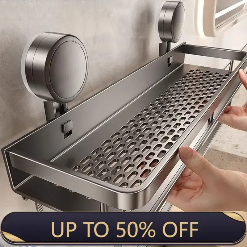 30/40/50cm Suction Cup Storage Rack Bathroom Wall Mounted Non Perforated Bathroom Towel Rack Multifunctional Storage Rack