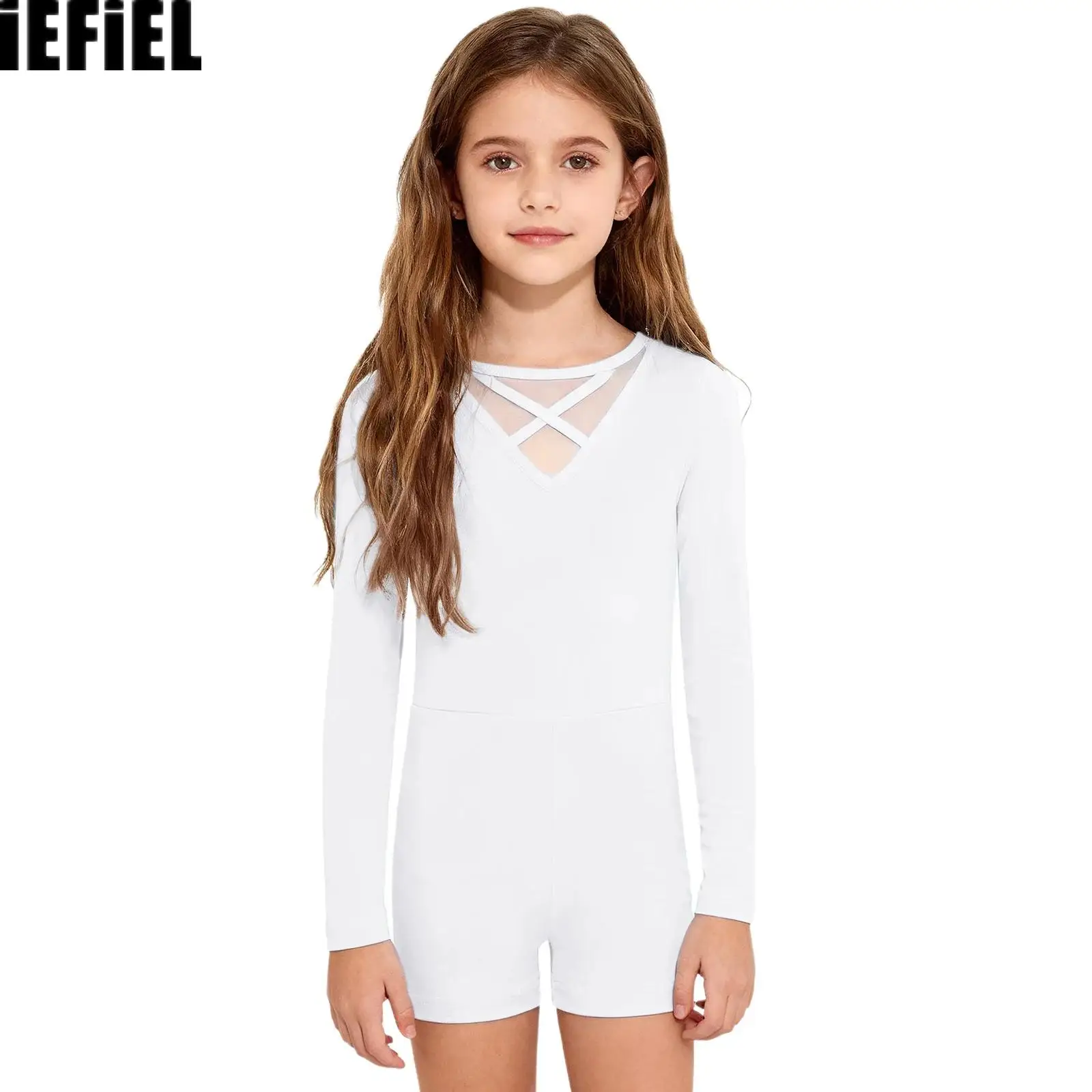 

Kids Girls Gymnastics Jumpsuit Ballet Dance Bodysuit Long Sleeves Sheer Mesh Cross Front Back Dancewear