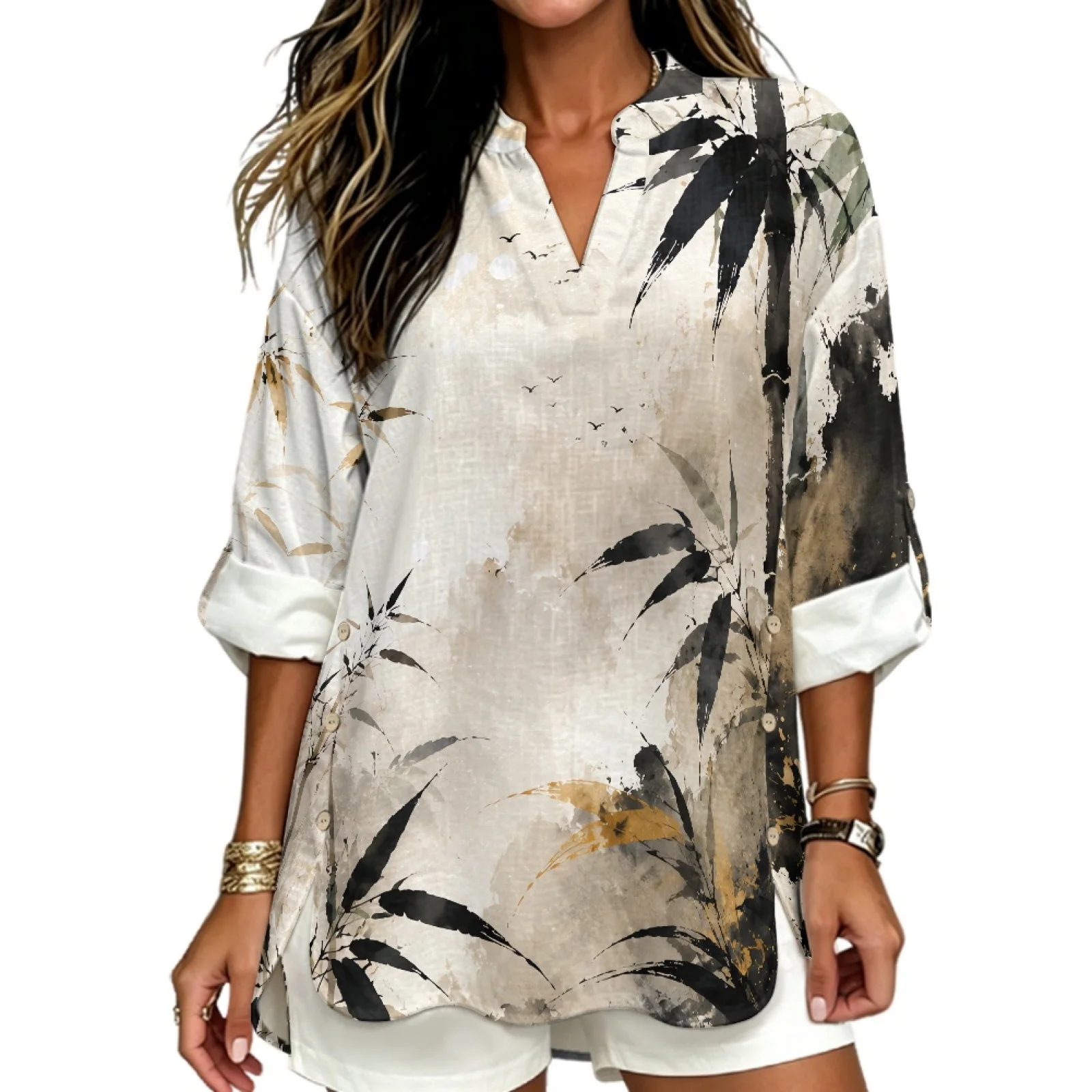 PENSTROLL Ink Bamboo Moon Loose Blouse for Business Linen Style Tunic Blouse Sizes S-5XL