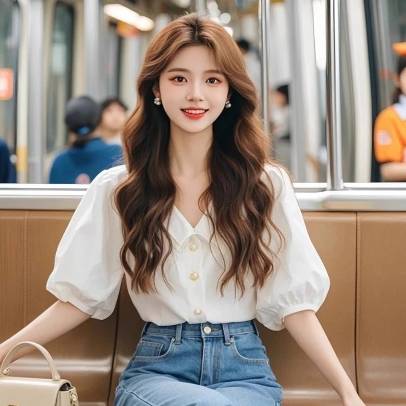 Chemisiers blancs pour femmes, chemises coréennes, mode Slim Fit printemps/été, vêtements de bureau pour dames, couleur unie, manches courtes, hauts pour femmes