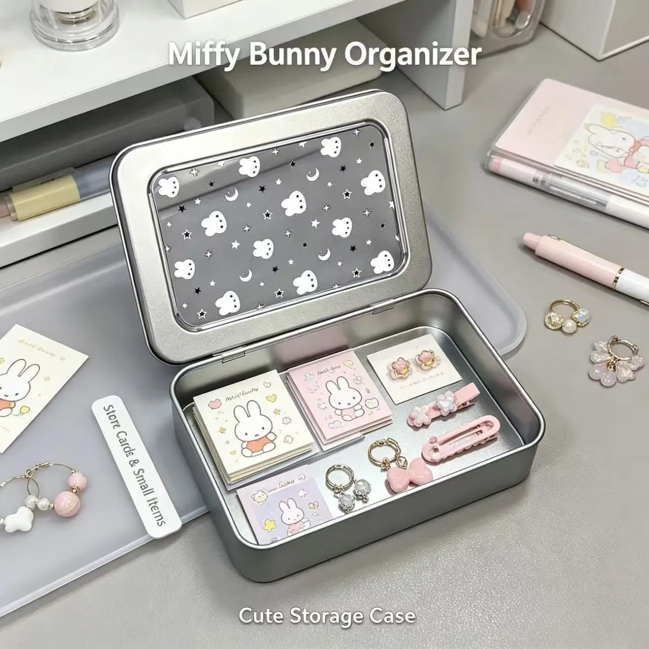 Miffy Bunny Storage Box Cute Rabbit Star Pattern Clear Lid Organizer Silver Square Case for Cards Stickers Jewelry Small Items