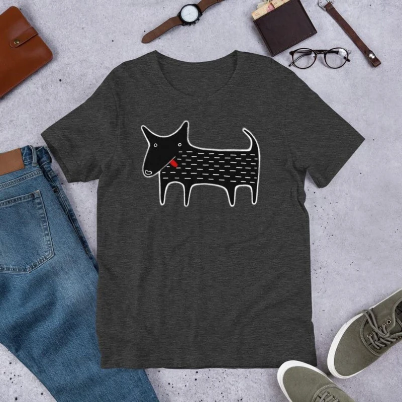 Men Women Graphic T‑Shirt Retro Abstract Hand Drawn Dog Art Print Short Sleeve Unisex O‑Neck Casual Minimalist Streetwear Tops