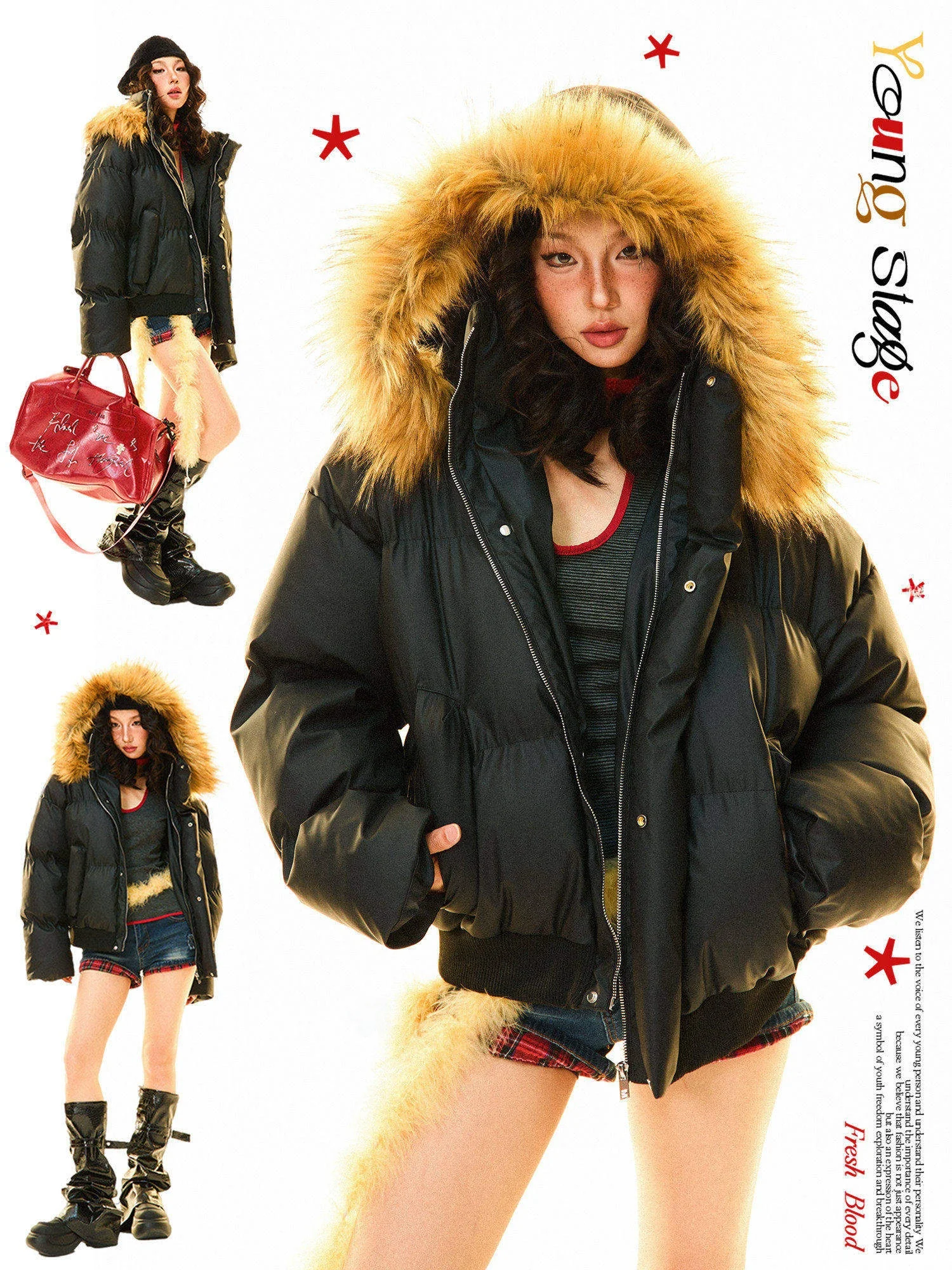 

Женская хлопковая куртка с капюшоном Young Stage и меховым воротником, свободная зимняя верхняя одежда Sli Commute, винтажная одежда