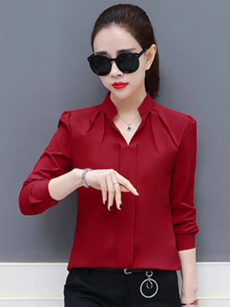 Women Shirt Chiffon Clothes Solid Color Long Sleeved Tops Autumn Winter Office Lady Blouse Slim Fitting Casual Shirt Plus Size