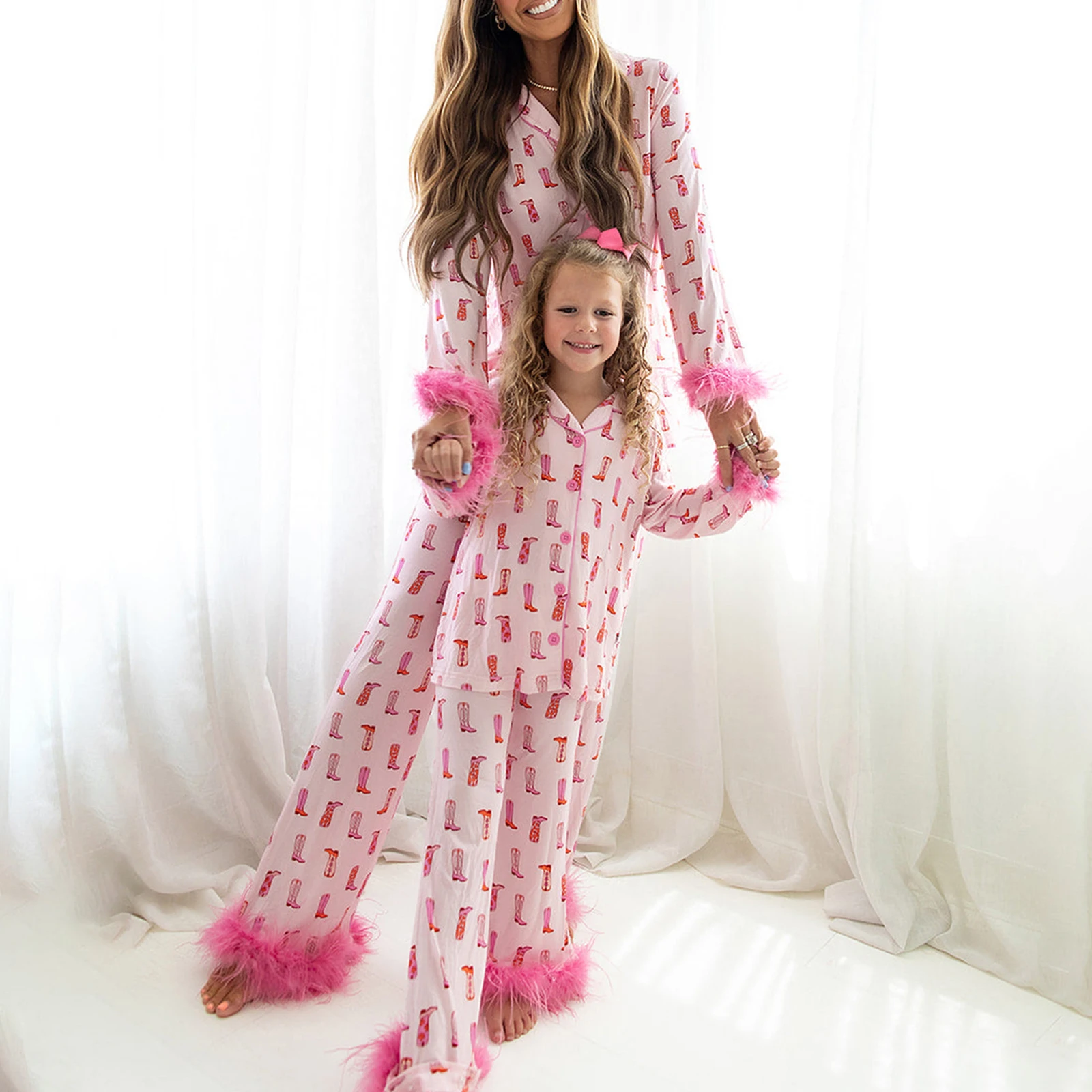 HEZIOWYUN mama en mij familie bijpassende 2-delige pyjama veren manchet set lange mouw boot print shirt + broek set cowgirl loungewear