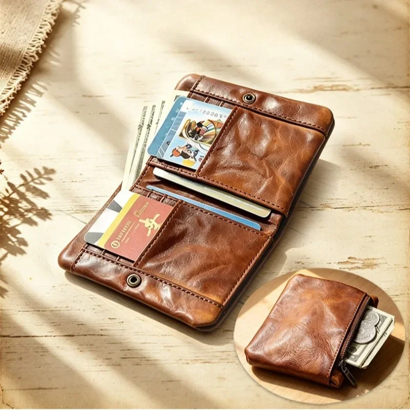 Mens Genuine Leather Bifold Purse Retro Vegetable Tanned Cowhide Short Wallet for Men 2026 Vintage Card Wallet with Snap Button