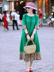 NYFS 2024 Summer New Vintage Woman Dress Vestidos Robe Ete Femme Elbise Loose Short Sleeve Patchwork Cotton Linen Long Dresses