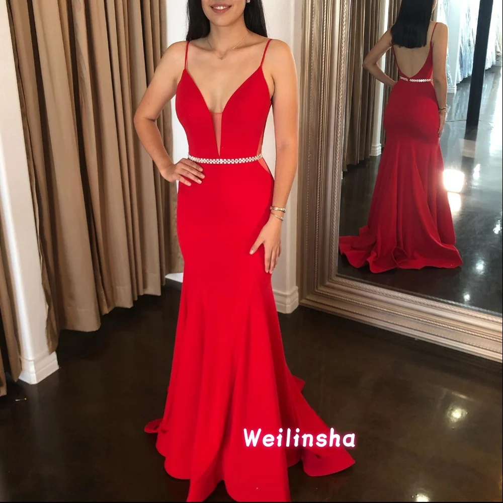 

Red V-Neck Evening Dresses Ceremony Mermaid Spaghetti Straps Vestido De Formatura Customized