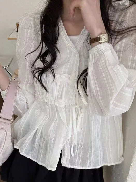 Sweet Anti-Aging V-Neck Tie-Dye Loose Long Sleeve Lace Trim Blouse Women's Fashion Spring Autumn Winter Korean Style Casual Wear
