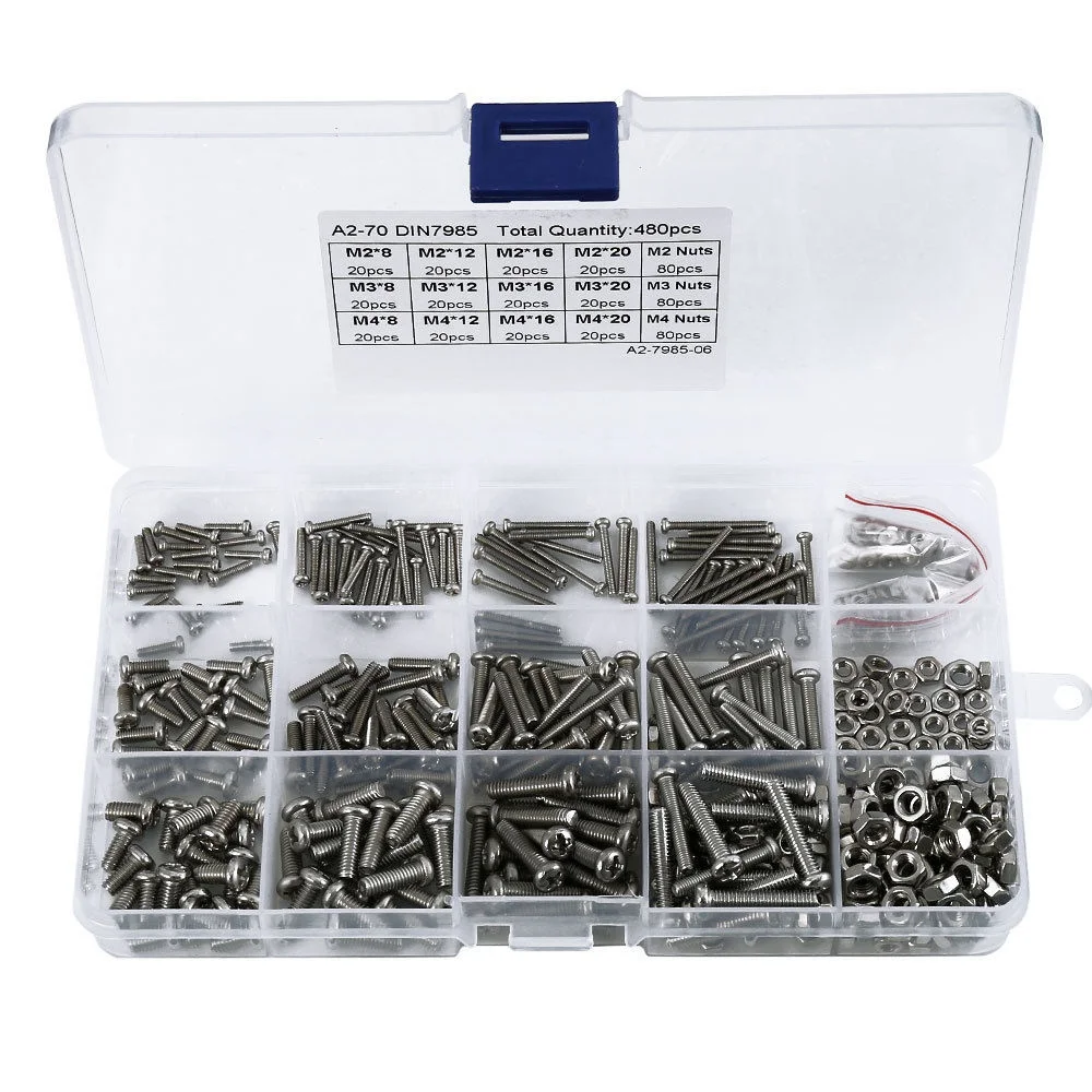 

480Pcs/Set M2 M2.5 M3 Din7985 Gb818 Steel Cross Recessed Pan Head Screws Phillips Screws Assortment Kit Hw028