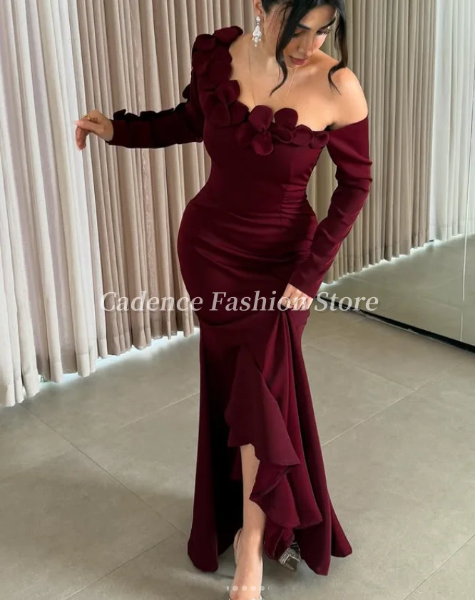 

Customized Elegant Burgundy Mermaid Dubai Prom Dresses Cubic Flowers Arabian Evening Gowns Formal Banquet Dresses