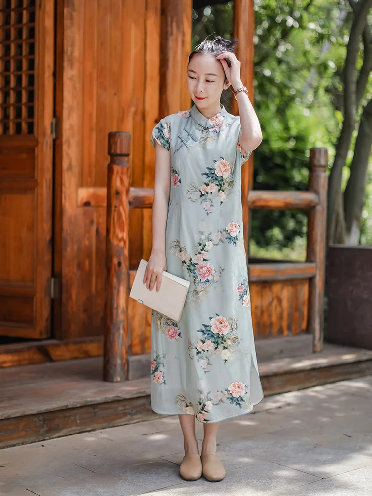 

Retro Chinese Sle Printed Dr Women's New Summer Slimming Artistic High Waist Polyester Viscose Fiber ort Sve Dr