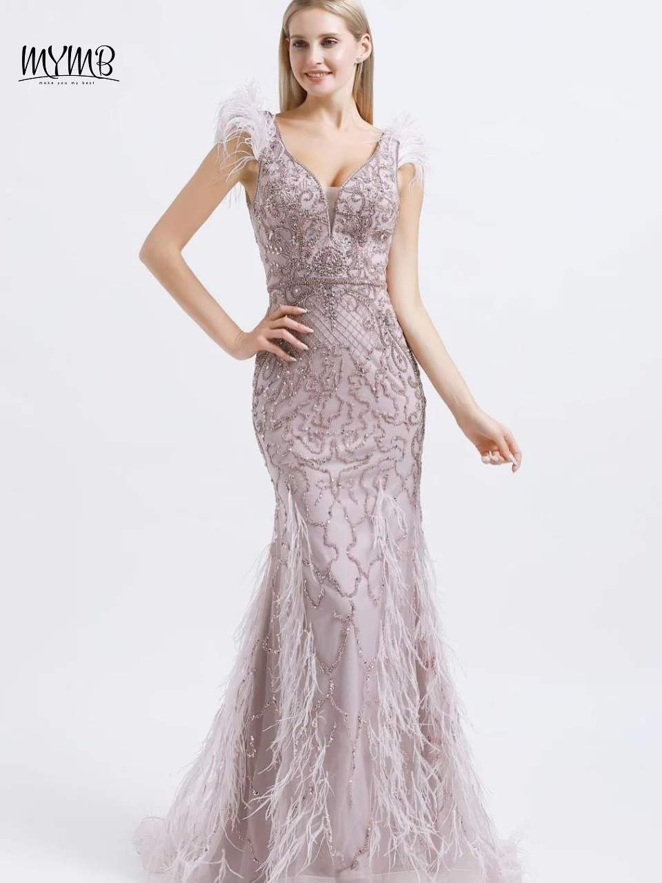 MYMB Gorgerous Plunging Neckline Mermaid Formal Occasion Dresses Luxury Beaded Feather Floor Length Evening Party Gowns DSL62357