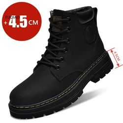 4.5CM Platform Height Increase Big Size 50 High Top Boots For Couple Leather Shoes Outdoor Sneakers Lace Up Non-Slip Ankle Boots