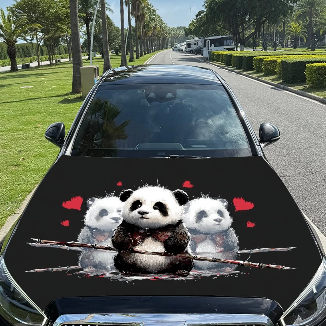 Cute panda trio with red hearts and bamboo, perfect for car hood decoration. Adorable design adds charm to any vehicle.