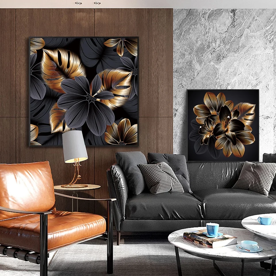 Abstract Plants Diamond Painting Full New 5d Black Gold Flower Leaf Diamond Mosaic Wall Art Home Decoration Living Room Pictures