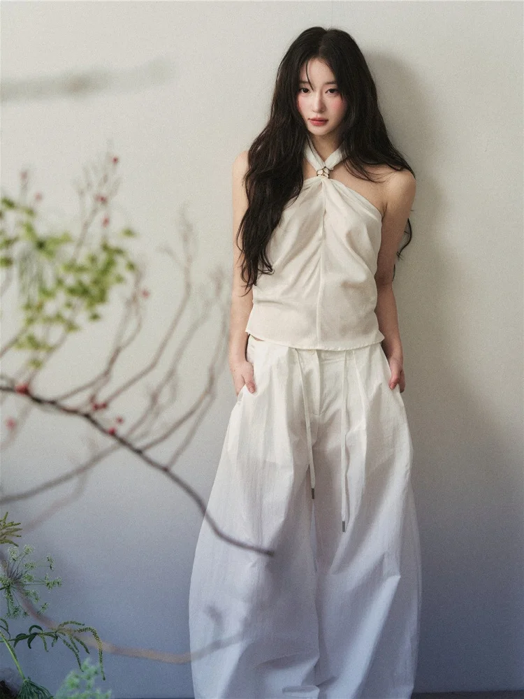 

White Knot Neck Casual Cotton Linen Wide Leg Pants Two Piece Set Women Summer Unique Design Sense Outfit Fashionable Ensemble