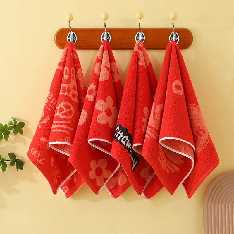 Red Festive Cotton Face Towel for Household Use Soft and Absorbent Bathroom Shower Towel Suitable for Wedding Souvenirs
