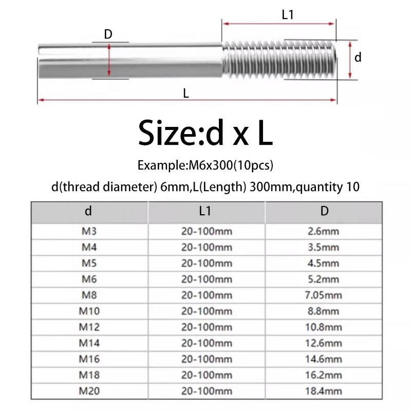 1-20pc Single End Thread Rod M3 M4 M5 M6 M8 M10~M20 304 Stainless Steel Headless Bolt Screw Tooth Stick Single Head Threaded Bar