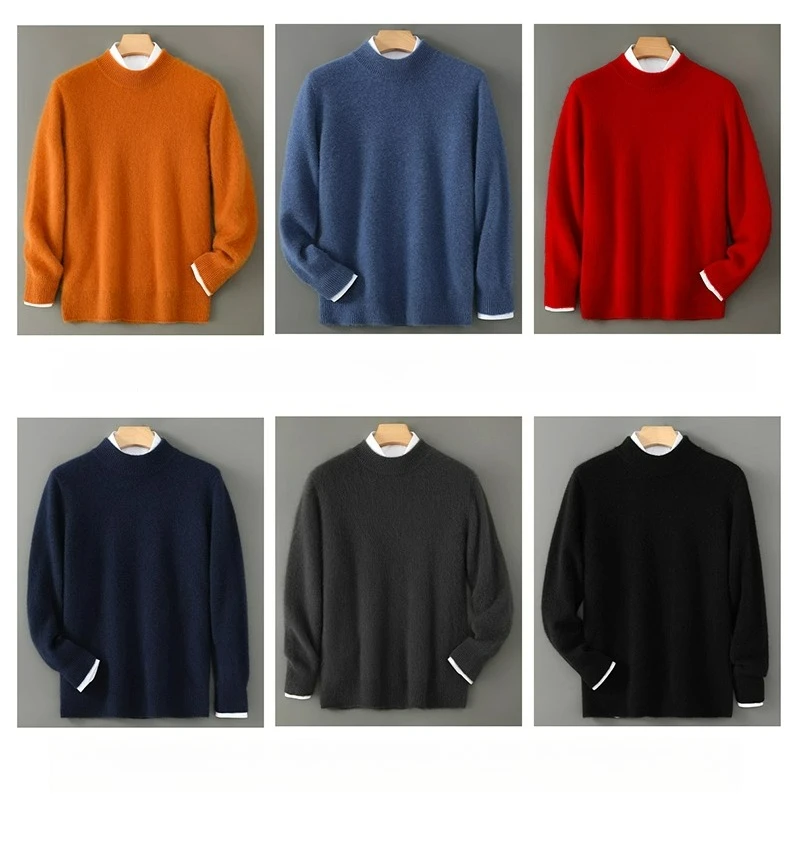 

100% wool sweater men's loose large size semi-turtleneck sweater solid color thickened knitted casual business bottoming shirt