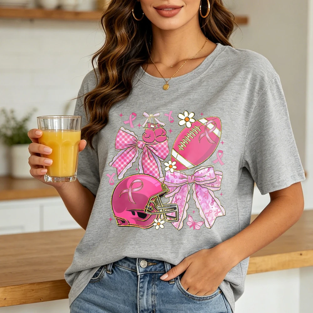 Preppy Football Breast Cancer Graphic T Shirt Coquette Breast Cancer Awareness Tee Ribbon Cheer Football Mom Girly Game Day Tops