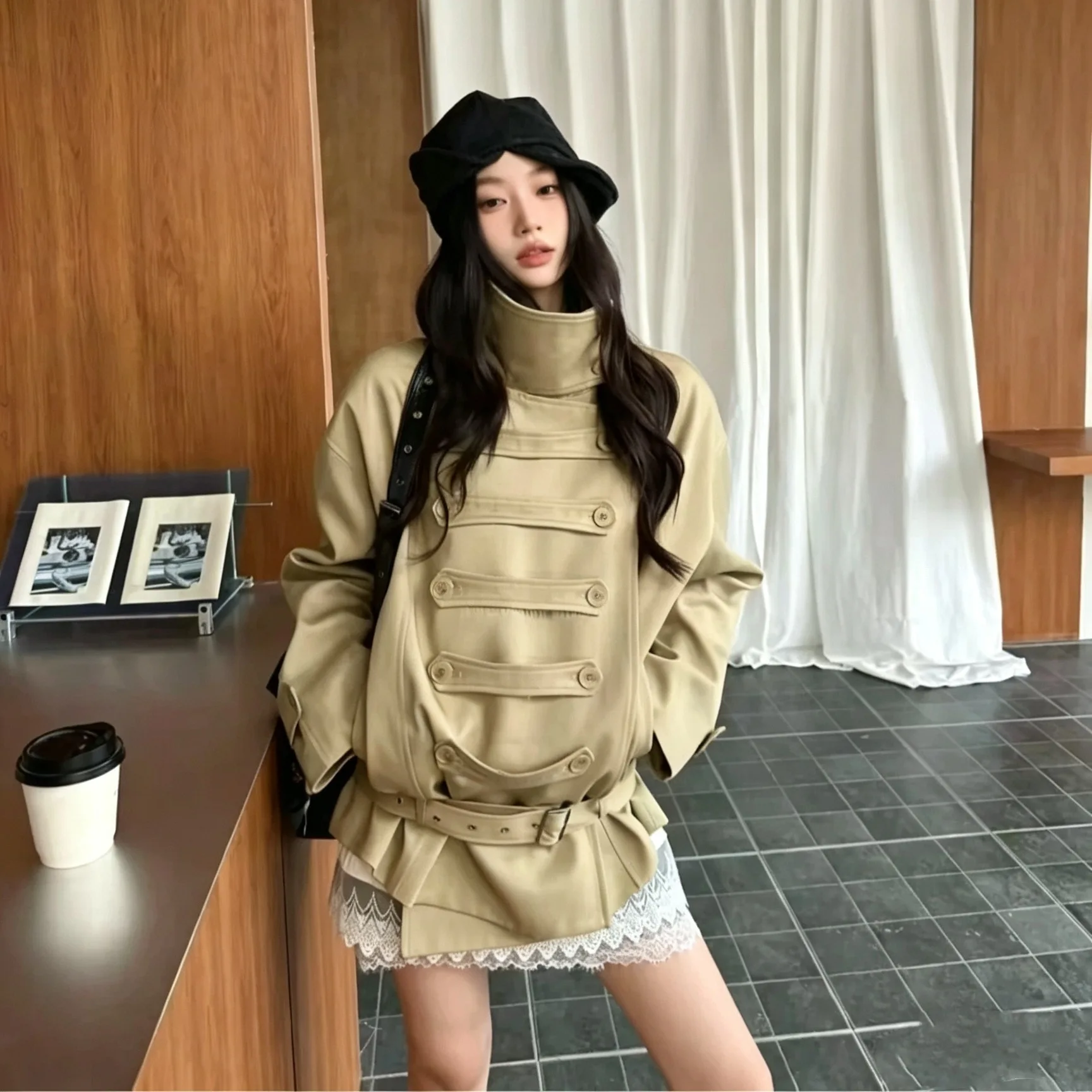 Chic Korean Style Loose Fit Stand Collar Jacket Coat for Women Handsome Napoleon Button Autumn New Arrival American Retro
