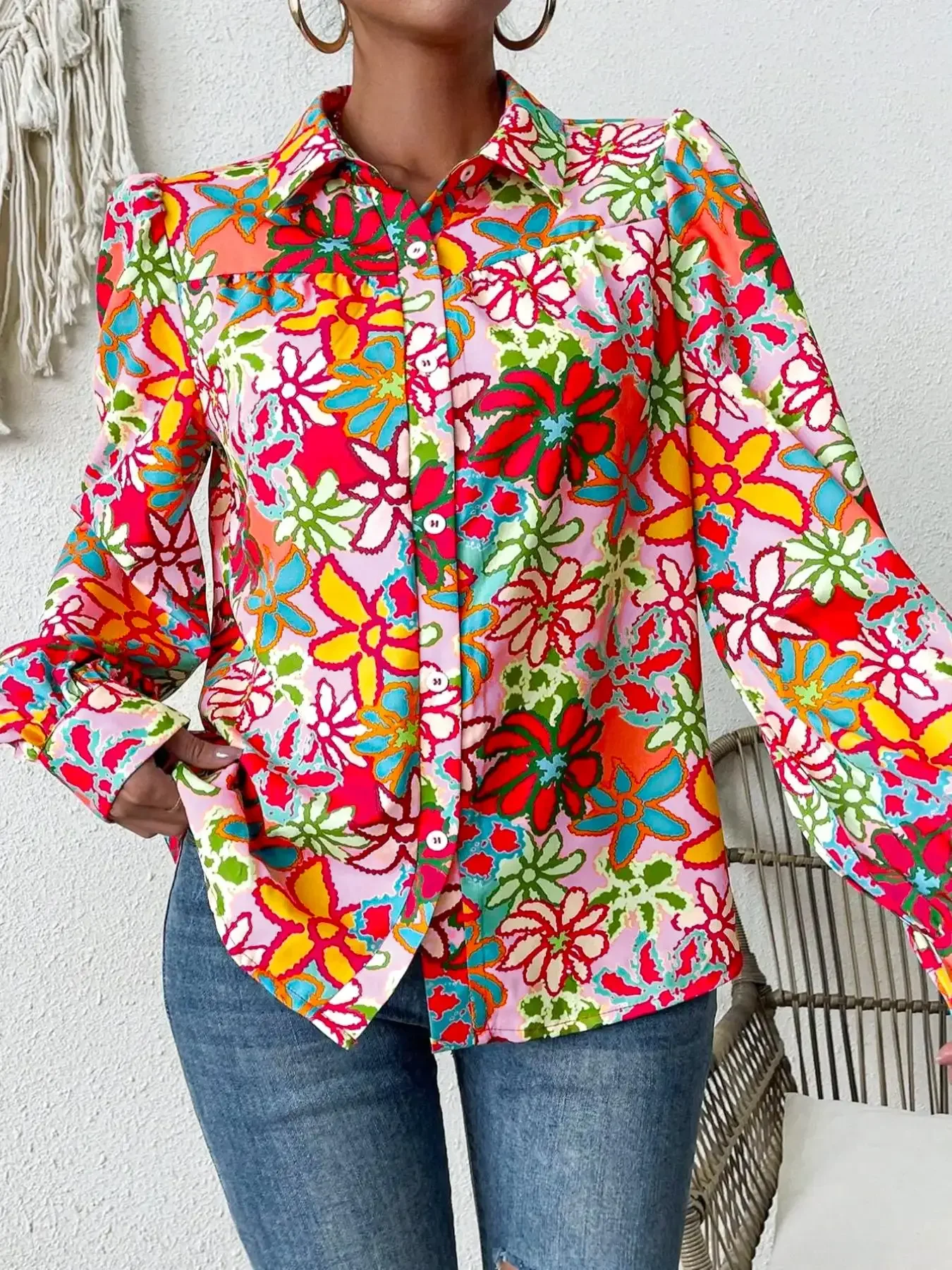 Frauen Mode Plus Größe 1XL-5XL frauen Revers Blumen Druck Hemd Damen Casual Elegante Bluse Langarm-shirt