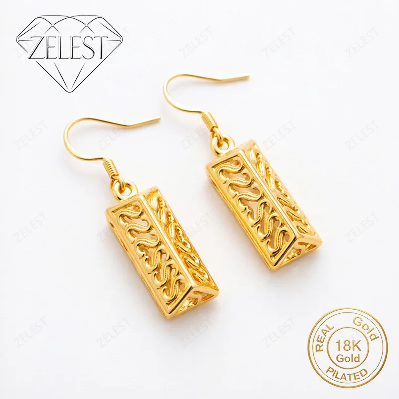 925 Sterling Silver 18K Gold Plated Delicate Rectangular Openwork Earrings for Women, Party Gift Accessories
