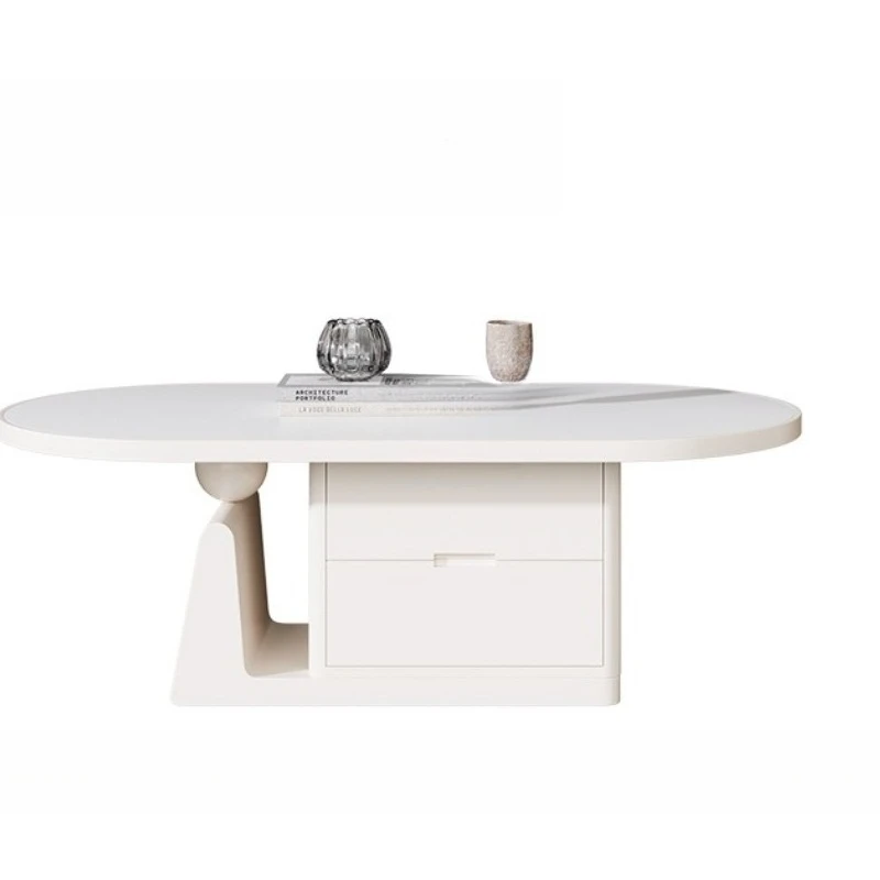 Living room household small apartment, oval rock slab coffee table, walnut, medieval style, with drawers