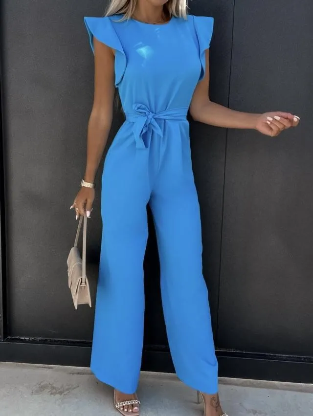 Jumpsuit mit Schnürung, hoher Taille, elegant, einfarbig, gerade geschnitten, modische Rüschenärmel, Dating-Jumpsuit – Detail 6