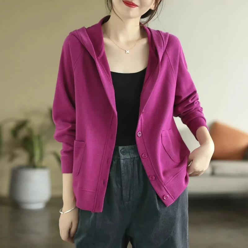 Minimalist Office Lady Hooded Women\'s 2024 Fashion Solid Color Autumn New Spliced Button Pocket Fashion Loose Long Sleeve Coat