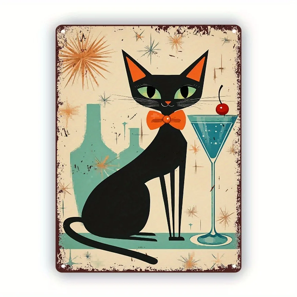 

Retro Cat with Martini Glass Metal Tin Sign Vintage Iron Pub Decor, Mid-Century Home Bar Decoration 16x12inch 40x30cm