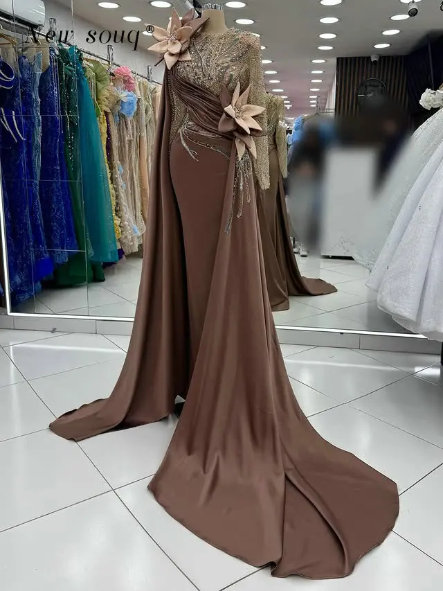 

Chocolate Long Sleeves Mermaid Evening Dresses Customized Formal Vestidos De Soiree One Shoulder Cape Arabic Abiye Maxi Gowns