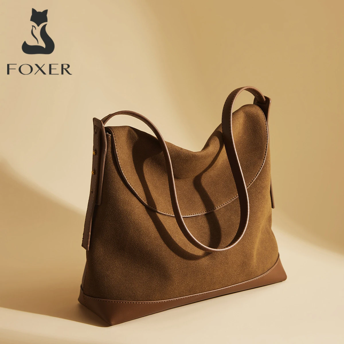 

FOXER Soft Leather Simple Women's Shoulder Bag Tote Bag New Female Bucket Bag Office Ladies Underarm Purse