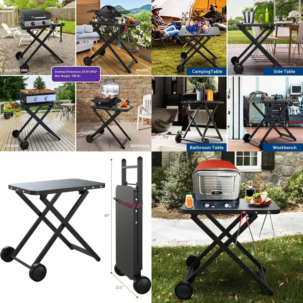 طاولة شواء خارجية قابلة للطي بعجلات، مثالية للنينجا ويبر، بلاكستون، نابليون، شوايات أوني والتخييم
