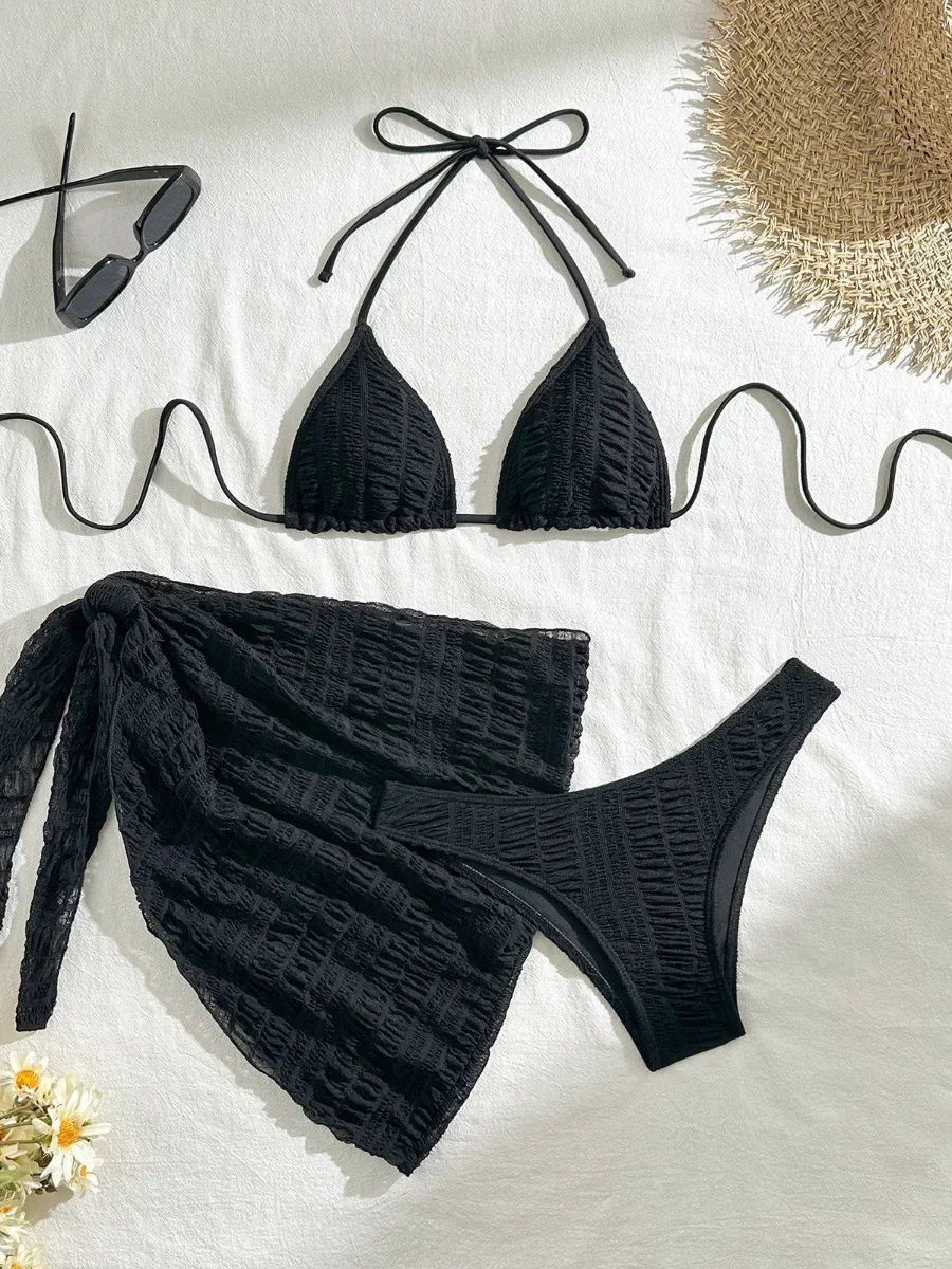 ビキニセット レディース セクシー 無地 3点セット 水着 メッシュ ビーチスカート Tバック 三角 ホルター 水着 2025年新作